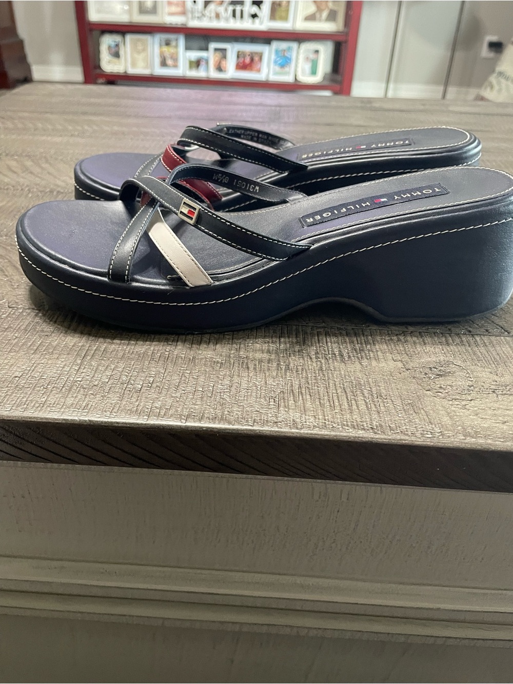 Tommy Hilfiger Navy Wedge Sandals with Red & White Straps
